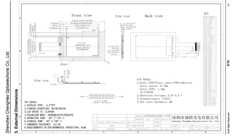 High Brightness LCD Display 3.5 inch 320x480 850 nits Small LCD Touch Screen