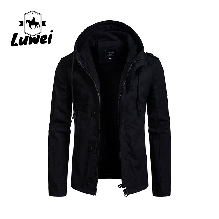 Winter Windproof Thin Work Outwear Blank Utility Cardigan Buttons Long Drawstring Hooded Coat Trench Men Jacket