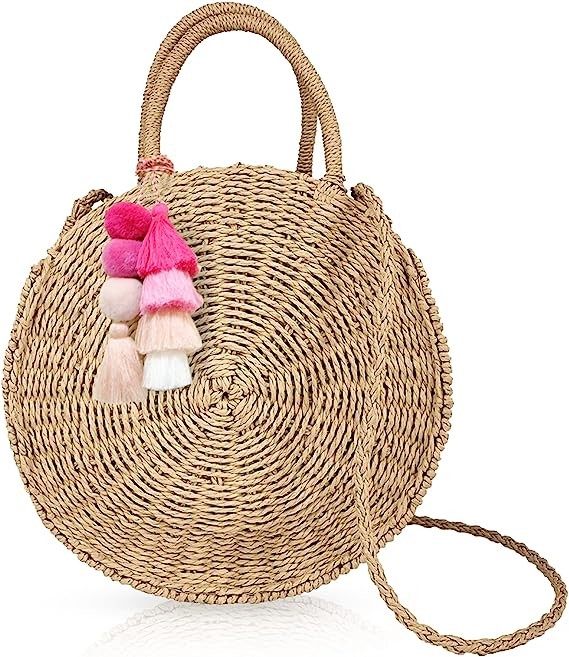 Colorful Bohemian Pompom Tassel Keychain Handbags Straw Bag Charms Ornaments Key Ring Pompom Pendant