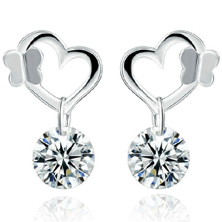 Fashion Silver Plated Heart Stud Earrings with Cubic Zircon (EESTUD04)