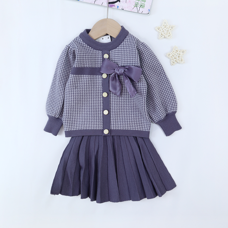 New Style Kids Children Winter Clothing Set Knitting Cardigan Skirt Baby Girl Winter False Cardigan Sweater With Bow