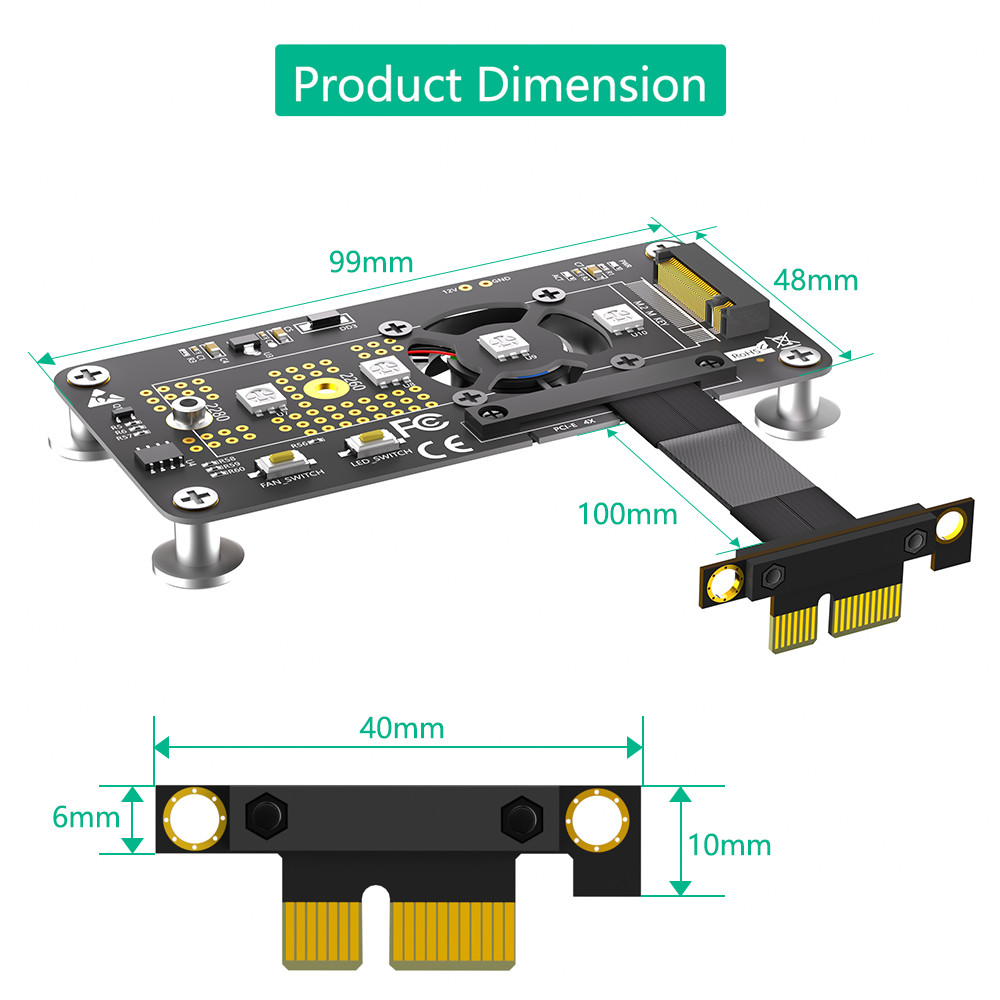 PCI- E X1 to M.2 NVME NGFF SSD Adapter Extension Cable With Cooling Fan and Automatic Discoloration LED.