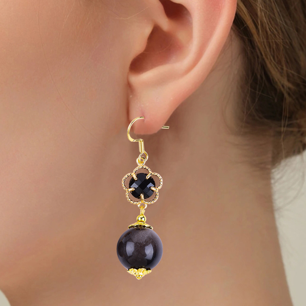 Handmade Crystal Stone Earrings Silver Sheen Obsidian Gemstone Beaded Pendant Earrings Healing Crystal Stone Earrings