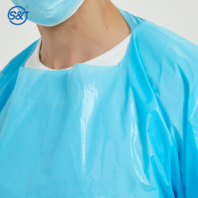 S&J Disposable Isolation Gown Individual Wrapped Long Sleeve & Thumb Hole Unisex Liquid-Proof CPE Gown Disposable