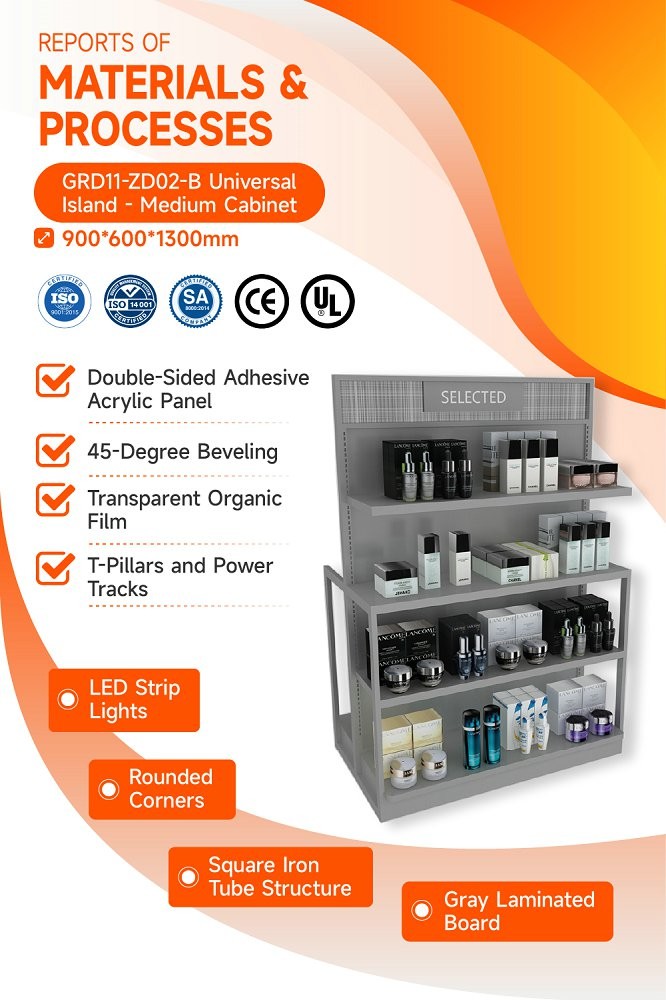 GDR11-ZD02-B Cosmetics Retail Display with LED Light Strips and T-Pillars and Power Tracks for Retail Stores