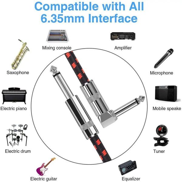 Braided 6.35mm Angle-to-Straight Electric Guitar Cable for Professional Audio Instruments