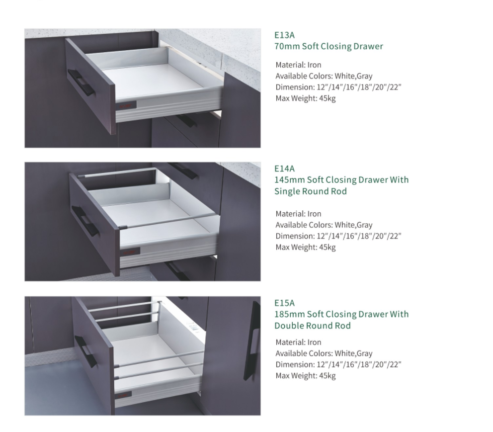 Kitchen Iron Cabinet Soft Closing Drawer with Round Rod factory