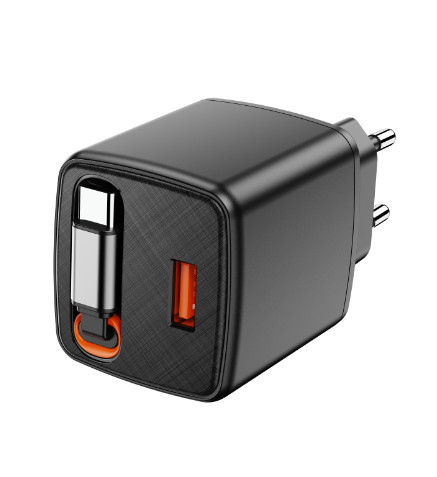 OEM Support Customized 30W GaN Fast Charger With Retractable USB-C Cable Full Voltage 220V-240V Black