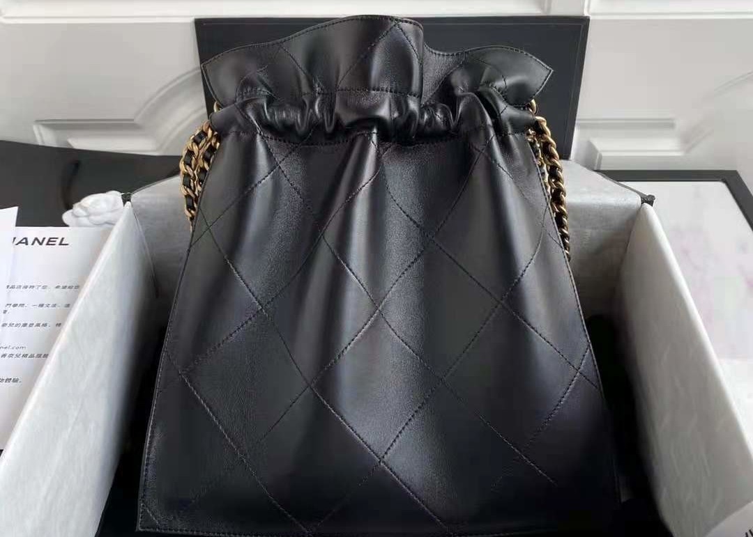 Bucket Genuine Leather Shoulder Handbag , 30cm Black Chain Handbag