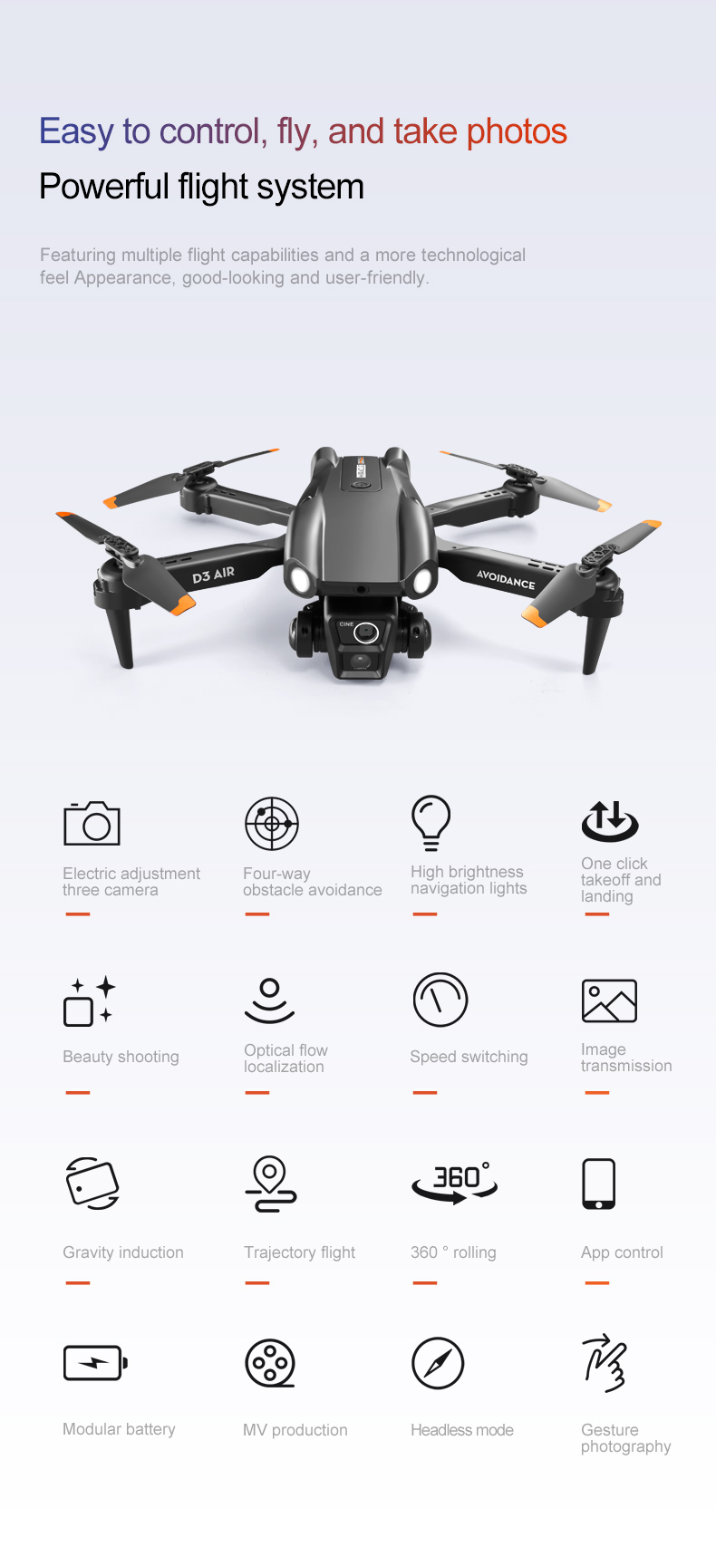 2024 D3 Air Drone LED Light 360-degree Tumbling Headless Mode Optical Flow Positioning Foldable RC Drone for Beginners