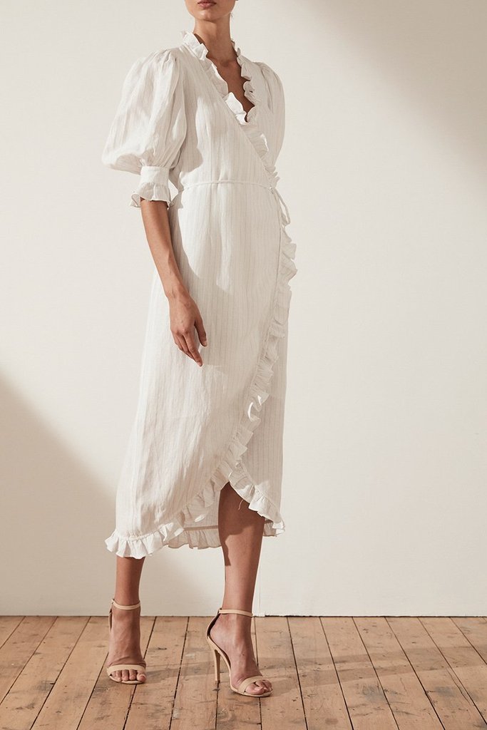 Linen Puff Sleeve Wrap Midi Elegant Dress Cotton Ladies