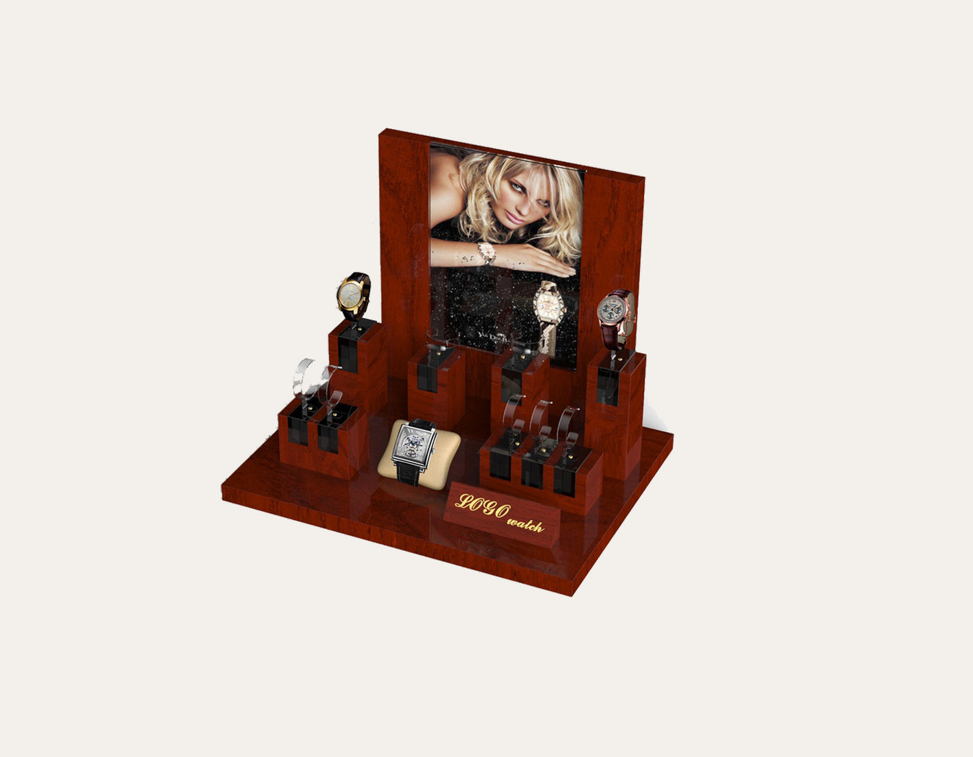 Wholesale Customzied Showcase Wood Watch Display Window Stand W/ C-ring Holder