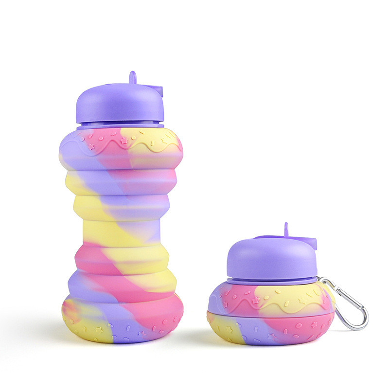 Doughnut Collapsible Water Bottle For Kids 19oz BPA Free Leakproof Silicone Rainbow Water Bottles For School Students
