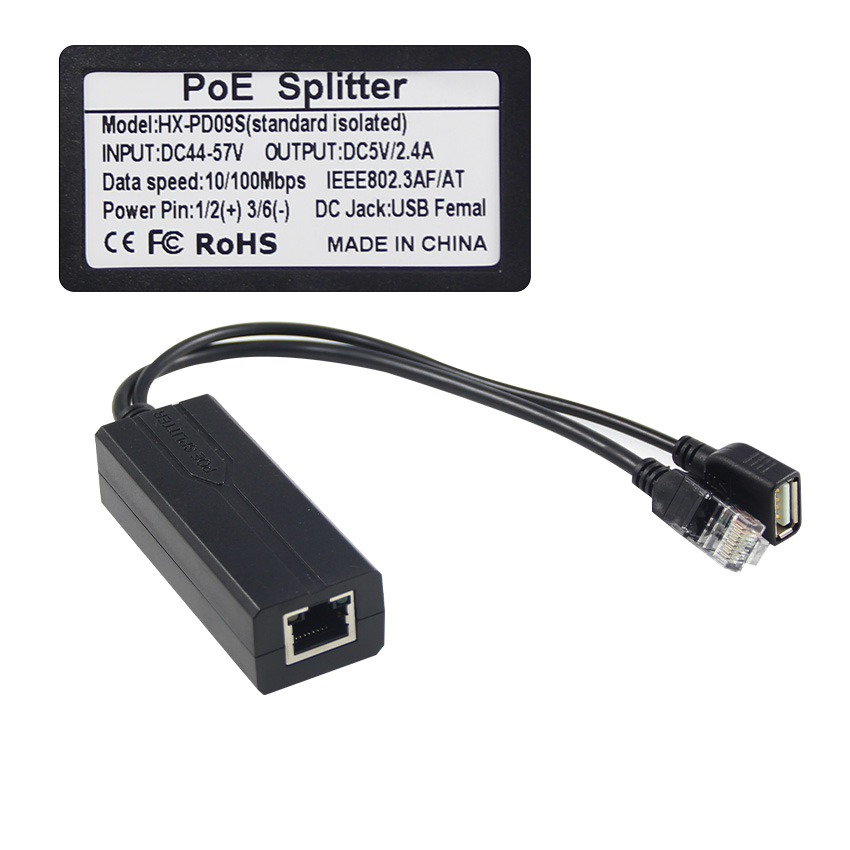 48V to 5V 2.4A PoE Splitter USB Type A Female 802.3af Power Over Ethernet Splitter