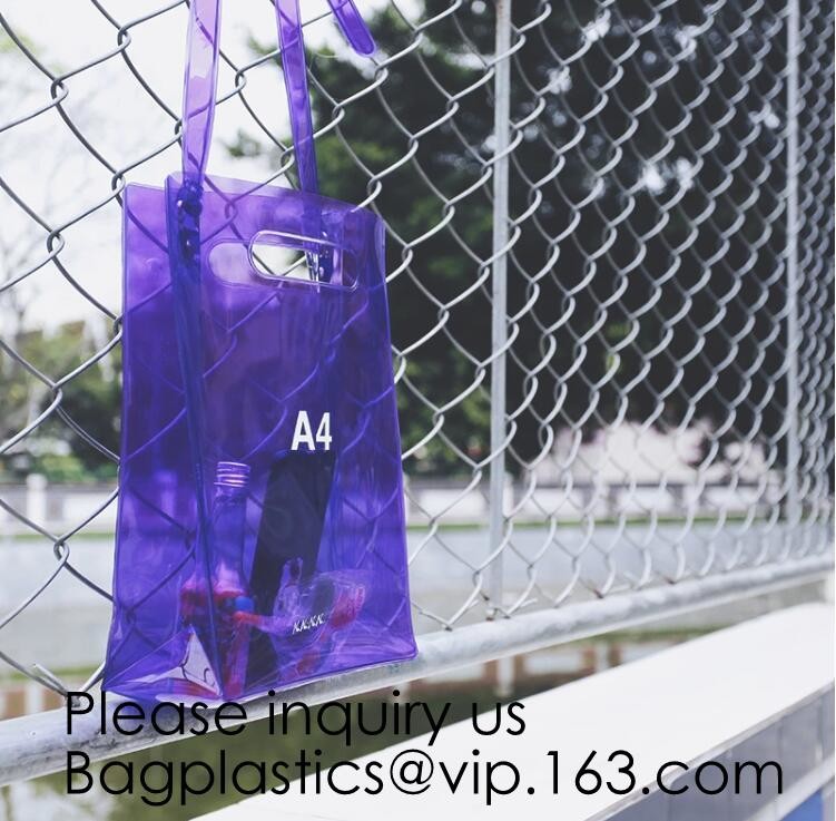 Waterproof All Over Printing PVC Coating Tote Shoulder Fabric Shopping Bag With Gusset And Lining,Jelly Clear Plastic PV