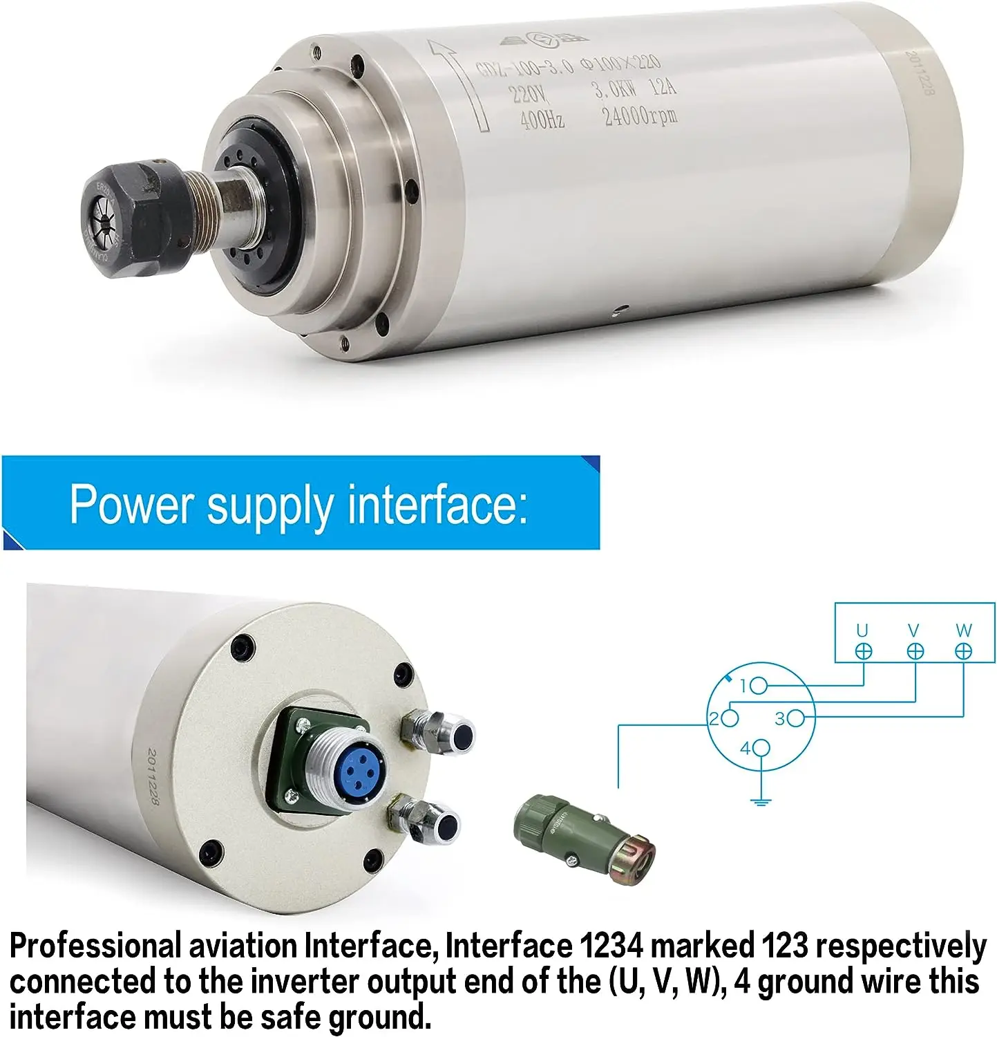 Water Cooled VFD Cnc Spindle Motor Kits 3KW 220V 24000rpm ER20 Collets
