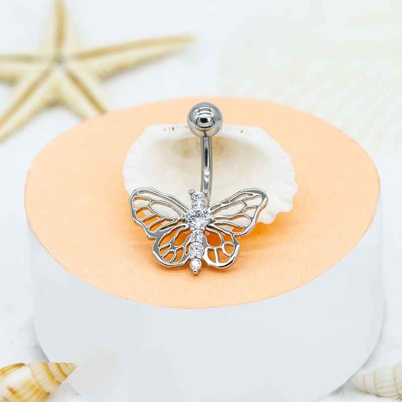 silver gold Butterfly Belly Button Ring zircon gems 316 Stainless Steel bar
