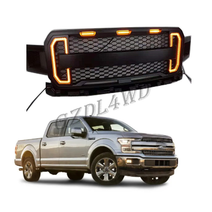 Front Grill Mesh Grille Raptor Style Replacement For Ford F150 2018 2019 2020 With Drl & Turn Signal Lights And 3 Amber
