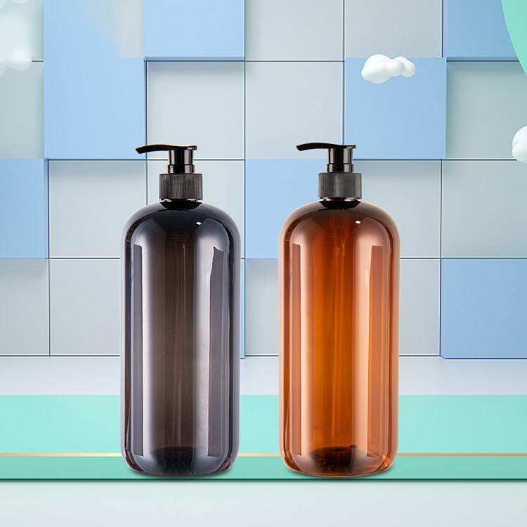 Boston Round Amber Color 1000ML PCR PET Plastic Pump Bottles For Shampoo
