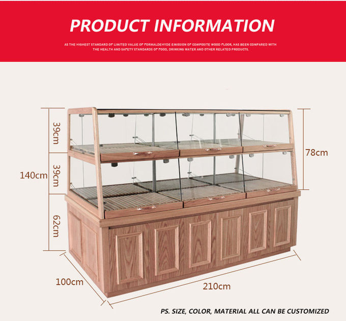 Bread Cake Shop Display Showcase Wood / Glass Material With Energy Saving LED Light