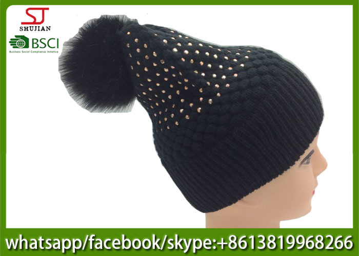 Chinese manufactuer free faux fur pompom knitting stripe hat cap patterns beanie 75g 18*24cm 100%Acrylic keep warm