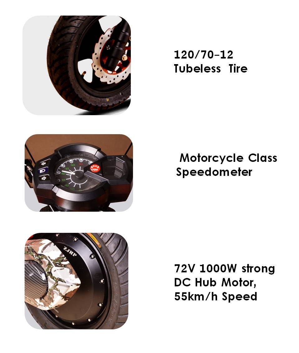 Two Wheels Electric Pedal Moped Scooter 55km/H 1000W 72V Battery