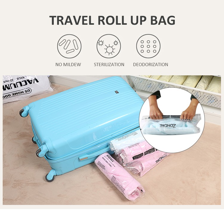 Customized Travel Vacuum Storage Bag Plastic Packing Hand Roll Vacuum Bag With Zipper For Luggage