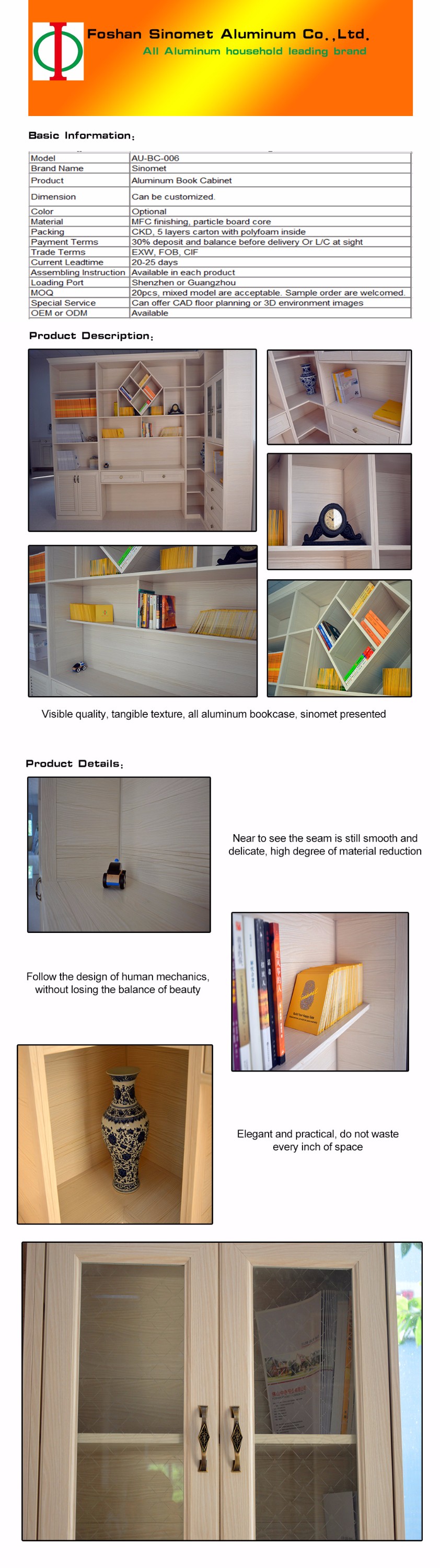 Living Room Aluminium Fabrication Bookshelf Antique Style With Glass Door