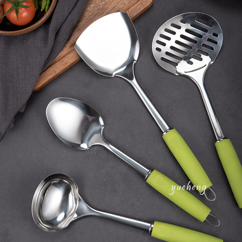 6pieces kitchen tools with Soft handle Green color handle with tray soup scoop Pasta Server Spoon Draining Spoon Slotted