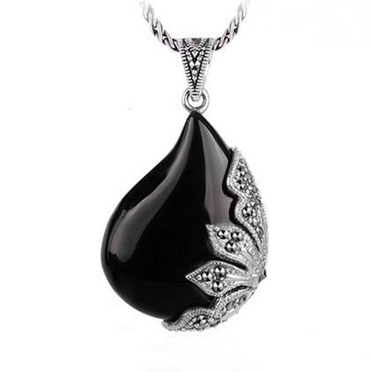 Vintage Jewelry 925 Silver Black Onyx Marcasite Drop Pendant Necklace 18 Inches (JA1674BLACK)