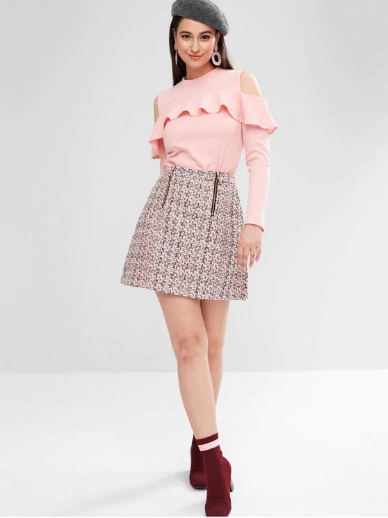 Cheap Wholesale Ruffle Clothing Long Sleeve Cold Shoulder T Shirt Tops