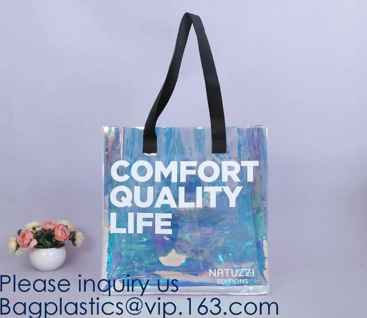 Waterproof All Over Printing PVC Coating Tote Shoulder Fabric Shopping Bag With Gusset And Lining,Jelly Clear Plastic PV