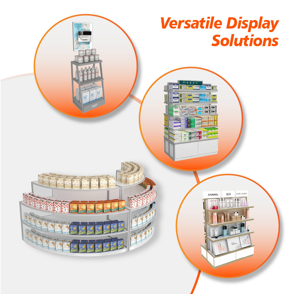 GDR08-SP02 Cosmetic Display Shelf with Gray Velvet Headband Cylinders and Efficient Storage for Cosmetics Retail Stores