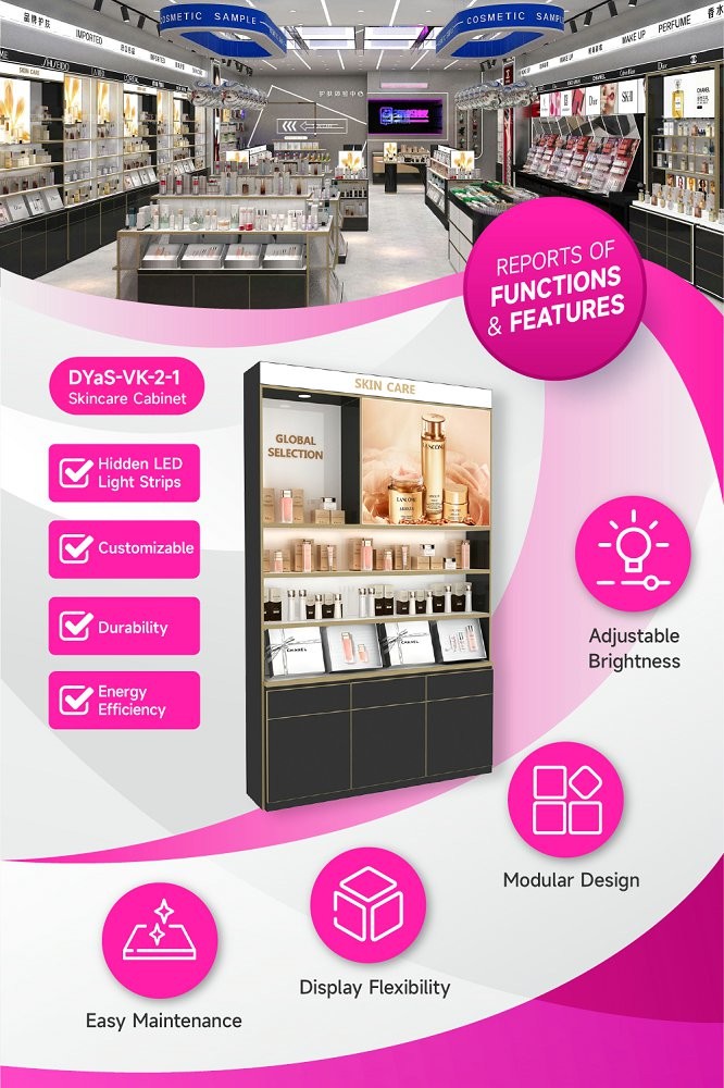 DYaS-VK-2-1 Skincare Display Cabinet with White LED Strips and Gold Edge Trimming