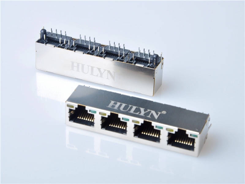 HULYN Very low profile, Shielded RJ45 Modular Jack Connector, Through Hole Type, Top Entry, 1x5 Ports