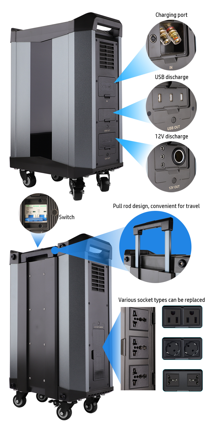Movable BMS 2500Wh Solar Power Station 2000W Output Backup Power Supply