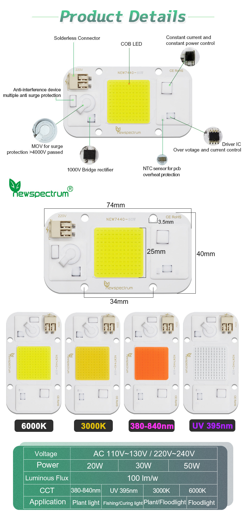 30W AC LED Module Cold White 6000K LED COB Chip For Floodlights