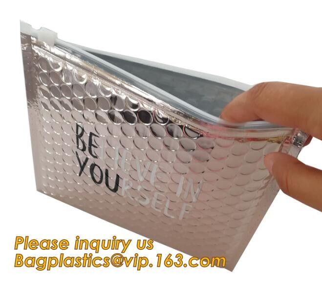 Holographic Factory Shiny gold Cosmetic bag Zipper Bubble Bag zip-lock Slider Padded Mailer metallic bubble zipper bagea