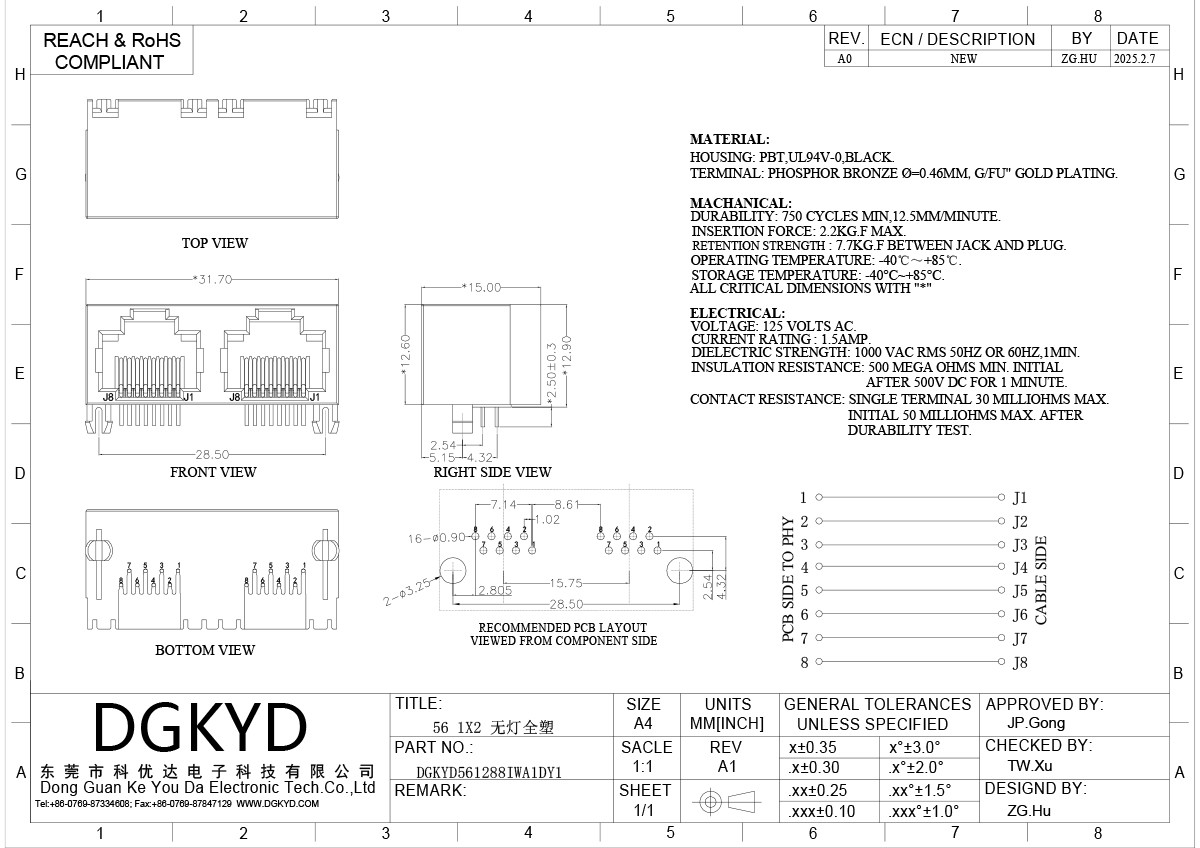 Network RJ45 female socket full plastic network port connector 8P8C dual port DGKYD561288IWA1DY1