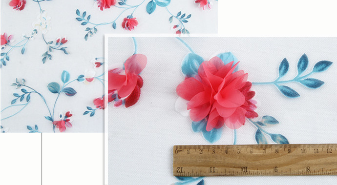 Red color Polyester 3D flower embroidered Lace fabric for bridal dress