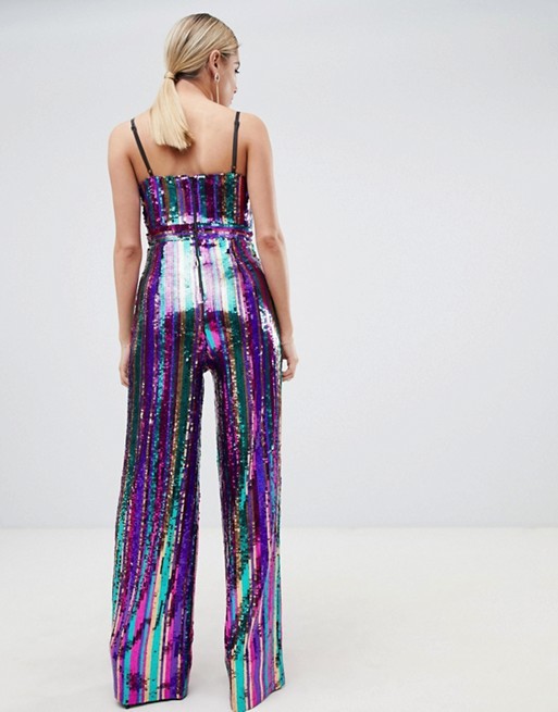 2019 new style sequin plunge front wide leg jumpsuit in rainbow stripe for girls
