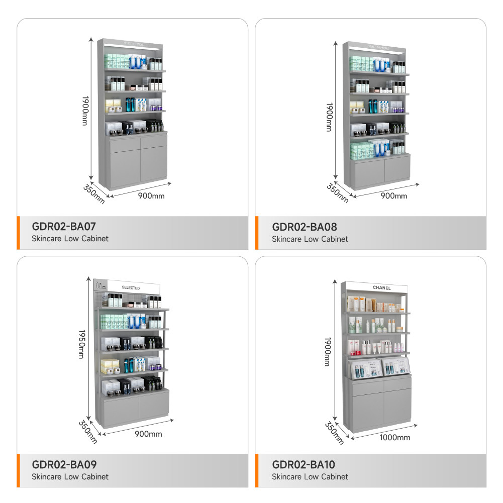 Skincare Store Stand Grey Transparent Low Cabinet With Double-Sided Light Box For Customized Store Furniture And Trendy Store Interior Design