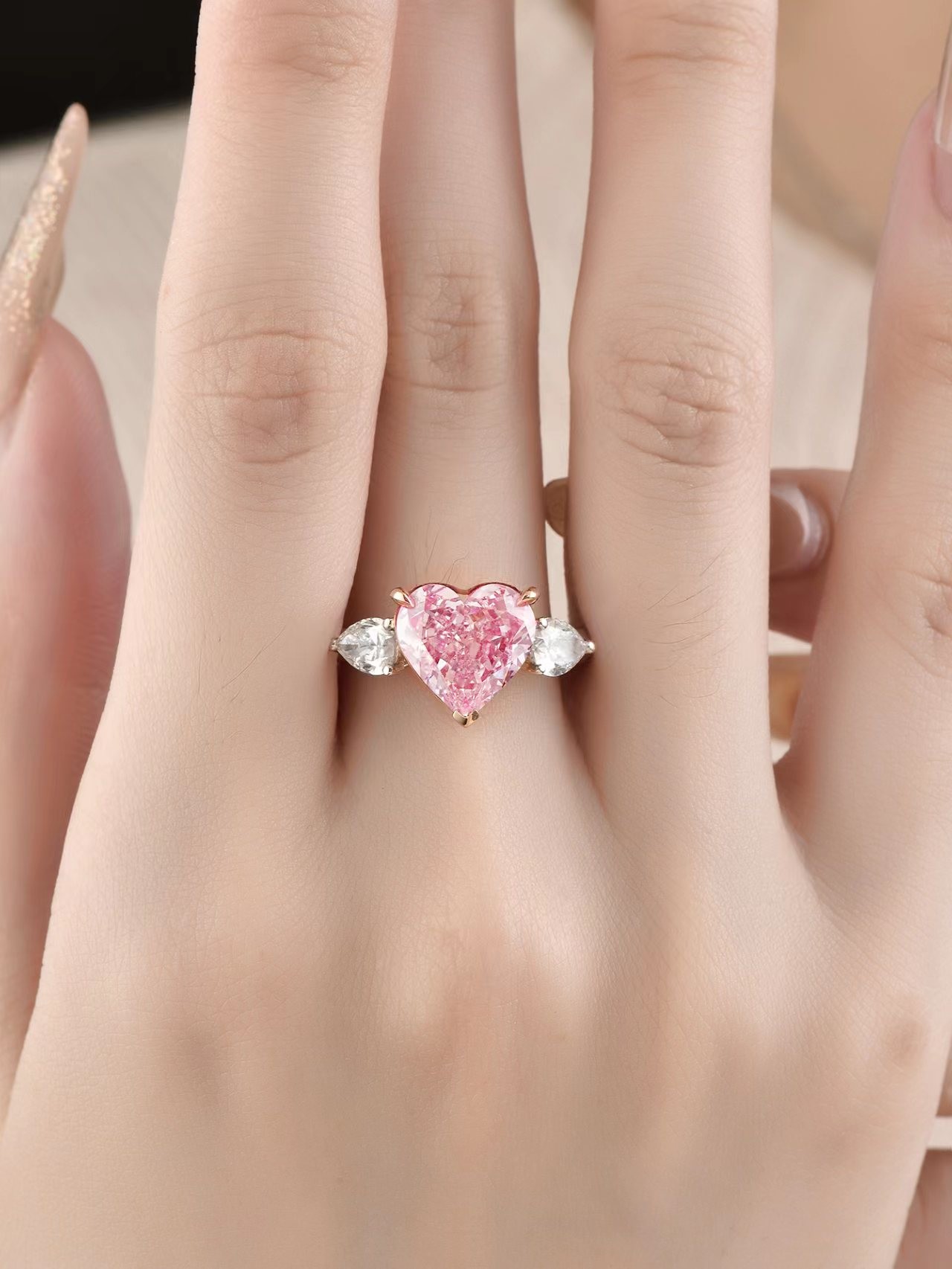 Large Size Pink Lab Grown Diamond Rings Heart Shape 4.19ct 18k White Gold Ring