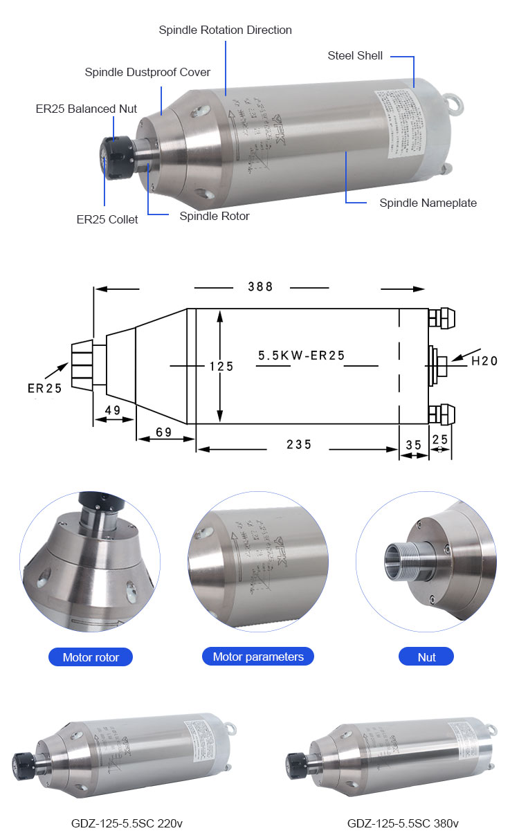 High Precision Stone CNC Router Spindle Motor with ER25 Collect Grade Performance
