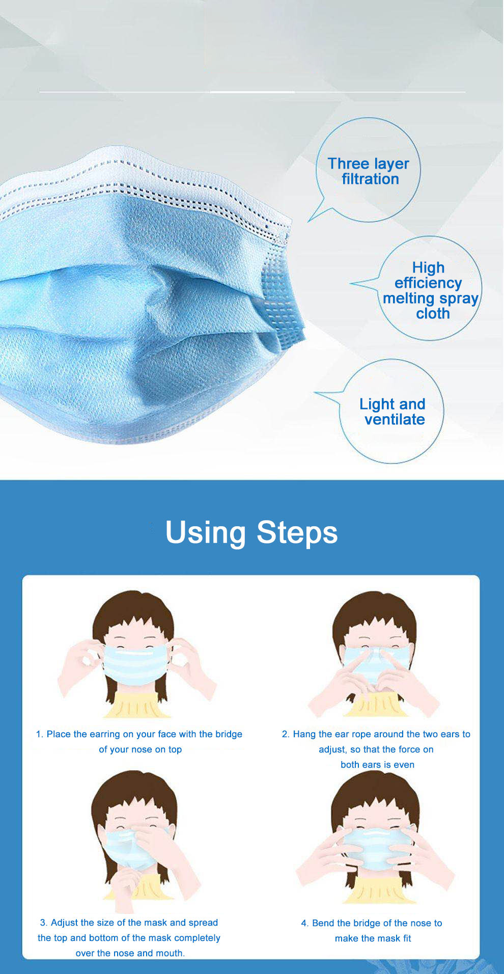 Single Use Antibacterial Face Mask 3 Layers Civil Antiviral Face Mask With Filter