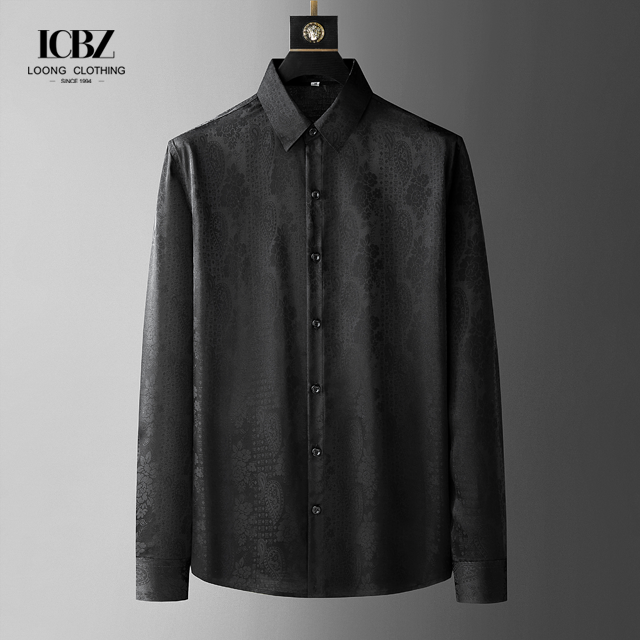 Black Large Size Long Sleeve Cotton Printed Shirt for Men Casual Shirts Slim Fit