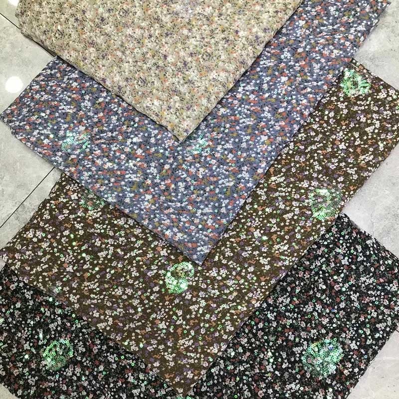 Floral Chiffon Embroidered Print Sequin Fabric Polyester Glitter