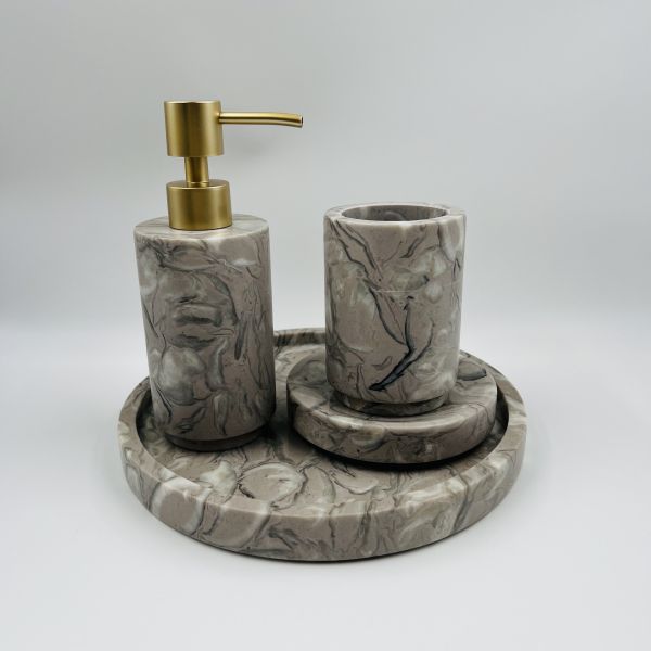 4pcs Marble Bathroom Accessories Set With Gray Brown Round Shape Soap Dispenser
