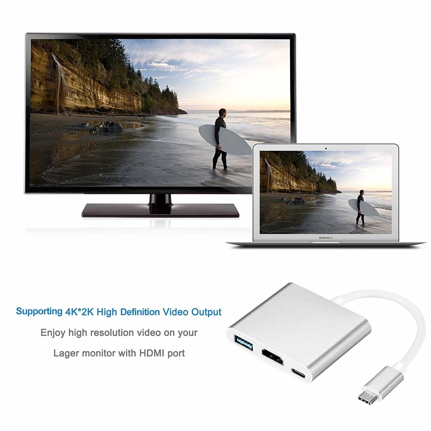 Aluminum 3 in 1 USB C Hub Adapter to 4K USB 3.0 Thunderbolt 3 Port Type C Hub Adapter Digital Multiport Converter