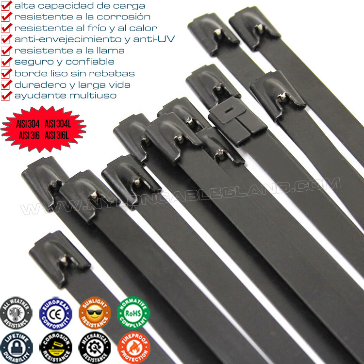 316/304 Stainless Steel Ball-lock Cable Tie 200mm x 7.9 with Black Epoxy Fully Coating (380lbs) for Outdoor Fence